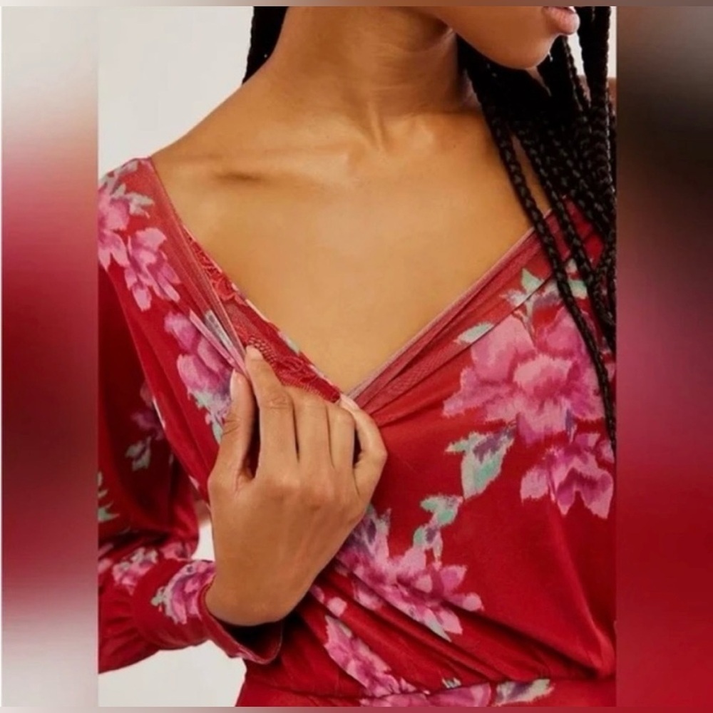 Free People Womens Size Small Bodysuit Cherry Red Printed Floral lace lined NWT - Picture 9 of 15